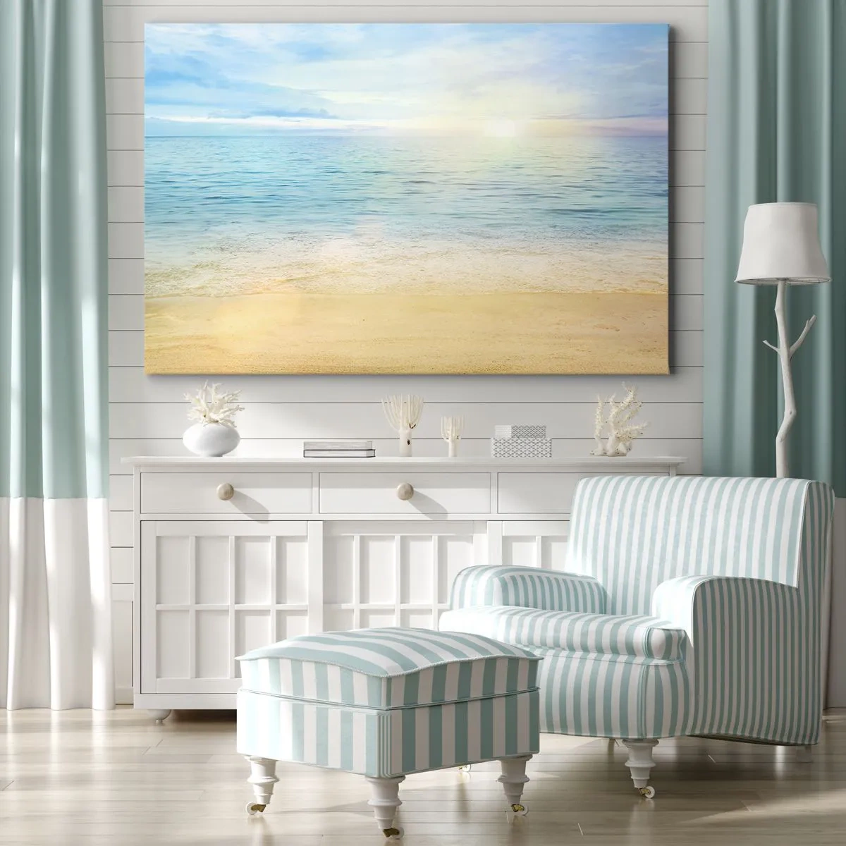 Canvastavla - Bild på duk - En strand med turkost hav och klar himmel - 70x50cm - Det stora blåa - Modern väggdekoration för vardagsrum och sovrum ARTTOR