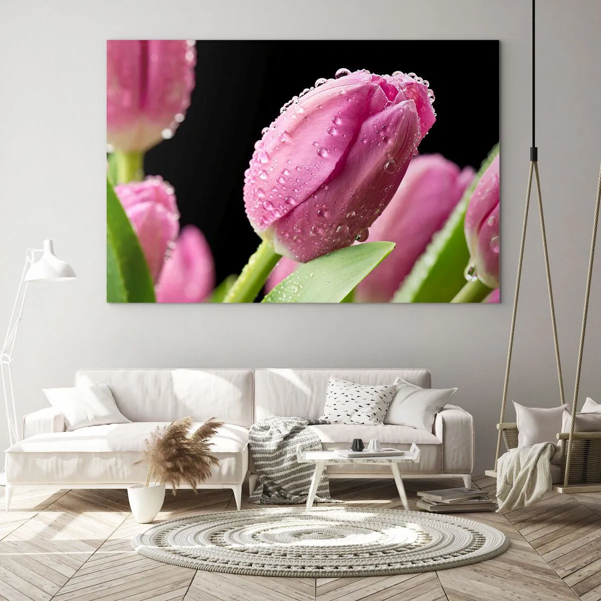 Glastavla - Bild på glas - Rosa tulpaner täckta med daggdroppar på svart bakgrund - 70x50cm - Lila sömn i daggen - Modern väggdekoration för vardagsrum och sovrum ARTTOR