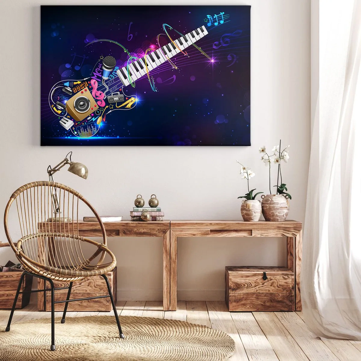 Canvastavla - Bild på duk - En färgglad gitarr med ett keyboard och en mikrofon mot en mörk bakgrund. - 70x50cm - Allt väl - Modern väggdekoration för vardagsrum och sovrum ARTTOR