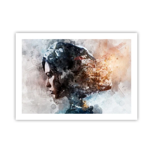 Affisch - Berättelse om en tjej med en stad i bakgrunden - 70x50 cm