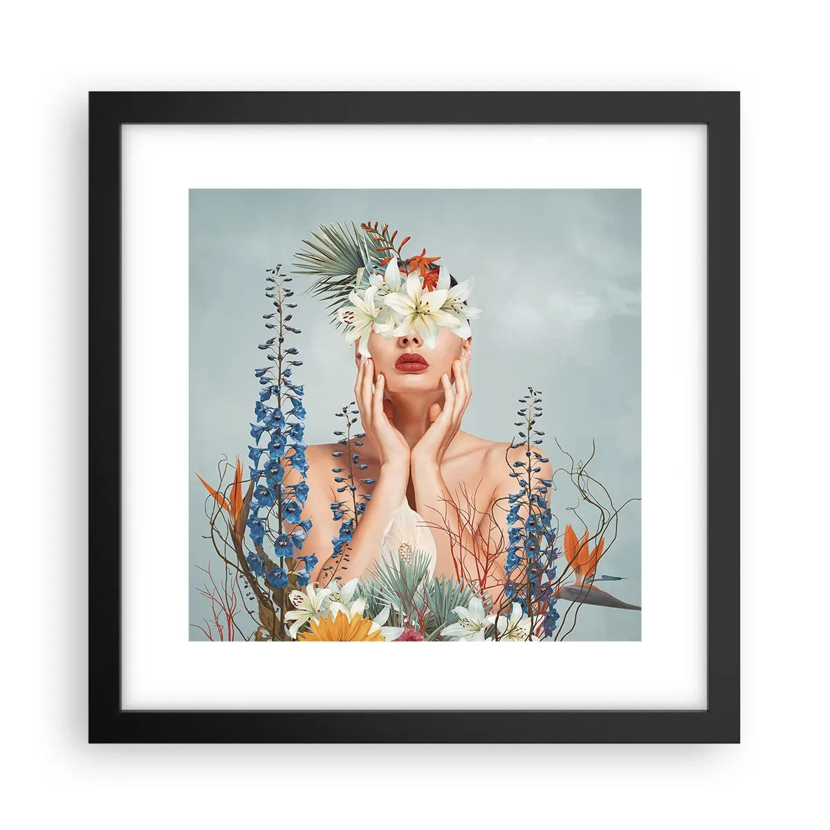 Affisch i svart ram - Kvinna - blomma - 30x30 cm