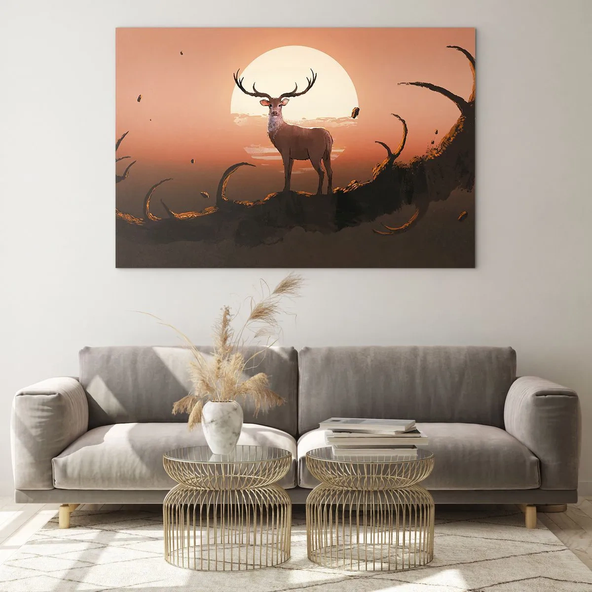 Glastavla - Bild på glas - Silhuetten av en hjort mot bakgrund av en stor måne omgiven av grenar - 70x50cm - Denna natt är inte lik de andra - Modern väggdekoration för vardagsrum och sovrum ARTTOR