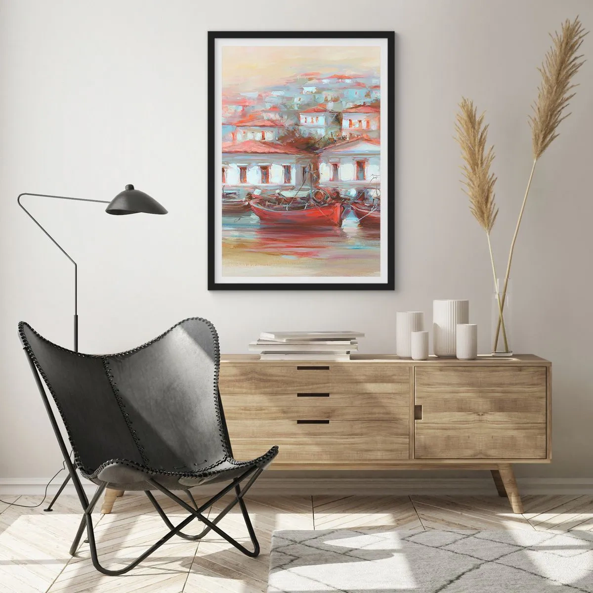 Affisch i svart ram - En färgglad stad med båtar på stranden - 50x70cm - Lycklig stad - Modern väggdekoration för vardagsrum och sovrum ARTTOR