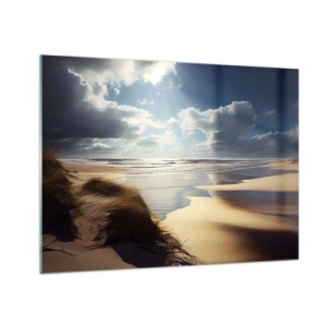 Glastavla - Bild på glas - En vild strand upplyst av solens strålar under molnen - 70x50cm - Strand, vild strand - Modern väggdekoration för vardagsrum och sovrum ARTTOR