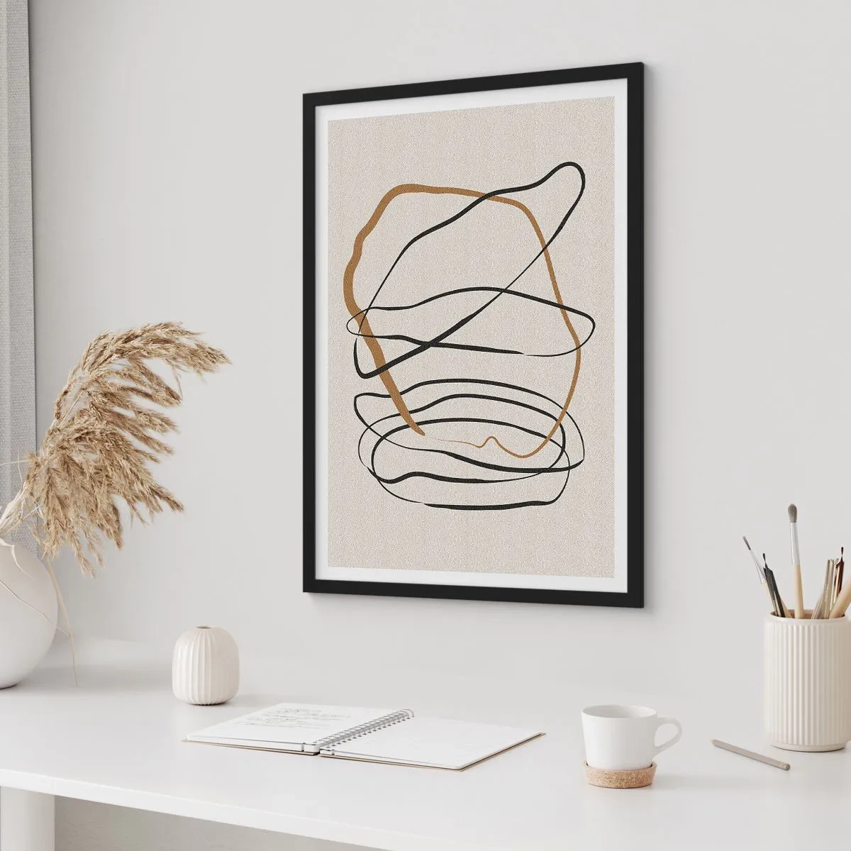 Affisch i svart ram - Minimalistisk abstraktion med dynamiska linjer - 50x70cm - Komposition: besittande dans - Modern väggdekoration för vardagsrum och sovrum ARTTOR