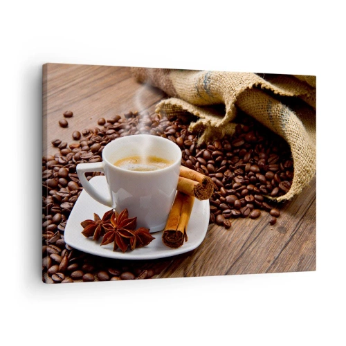 Canvastavla - Bild på duk - En kopp kaffe med kanel och anis på en bakgrund av kaffebönor - 70x50cm - Rotsmak och -arom - Modern väggdekoration för vardagsrum och sovrum ARTTOR