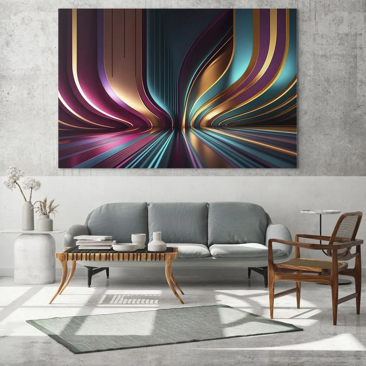 Glastavla - Bild på glas - Färgglada ljuslinjer skapar futuristiska former - 70x50cm - Ljusets arkitektur - Modern väggdekoration för vardagsrum och sovrum ARTTOR