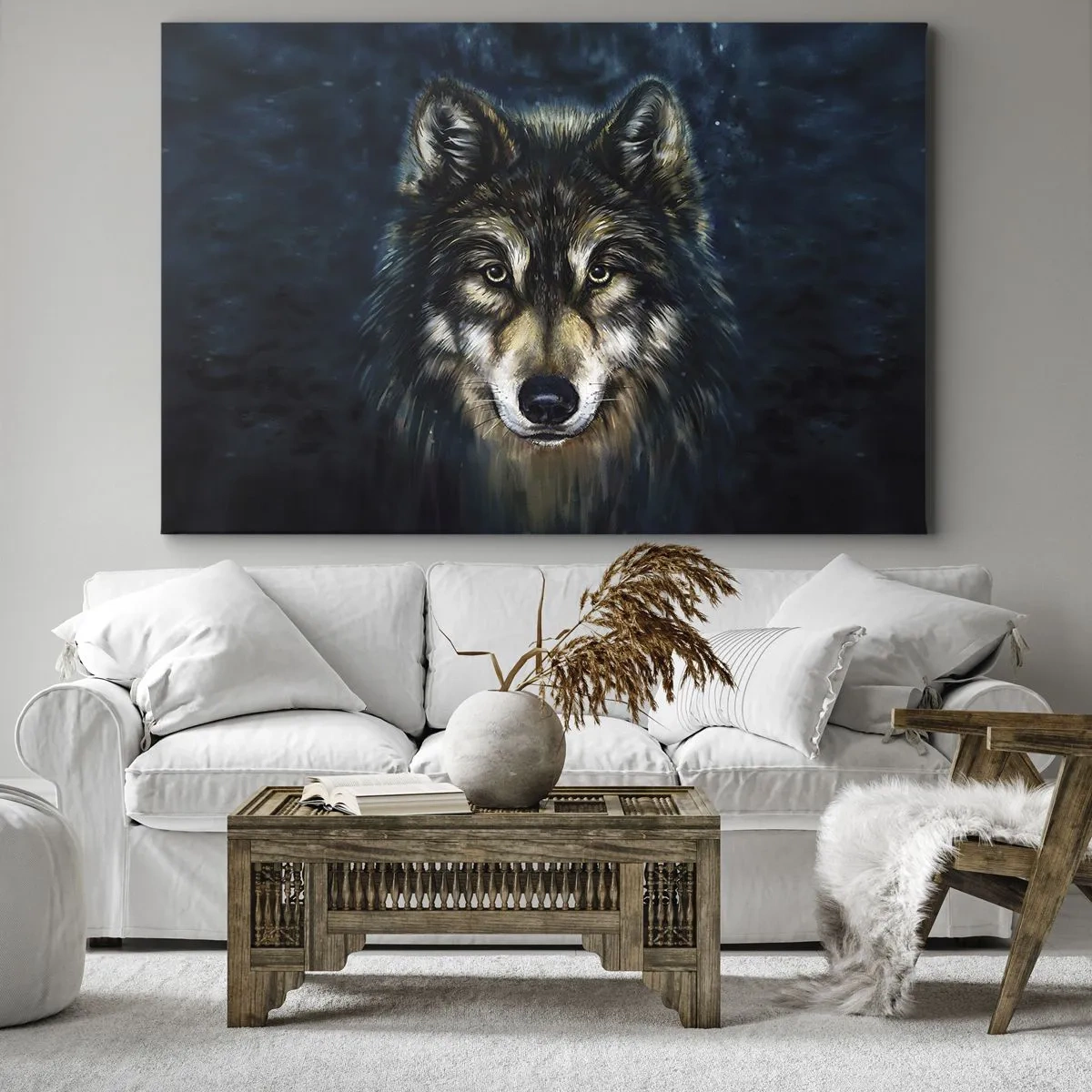 Canvastavla - Bild på duk - Porträtt av en varg på en mörkblå bakgrund - 70x50cm - Alfa? Och omega - Modern väggdekoration för vardagsrum och sovrum ARTTOR