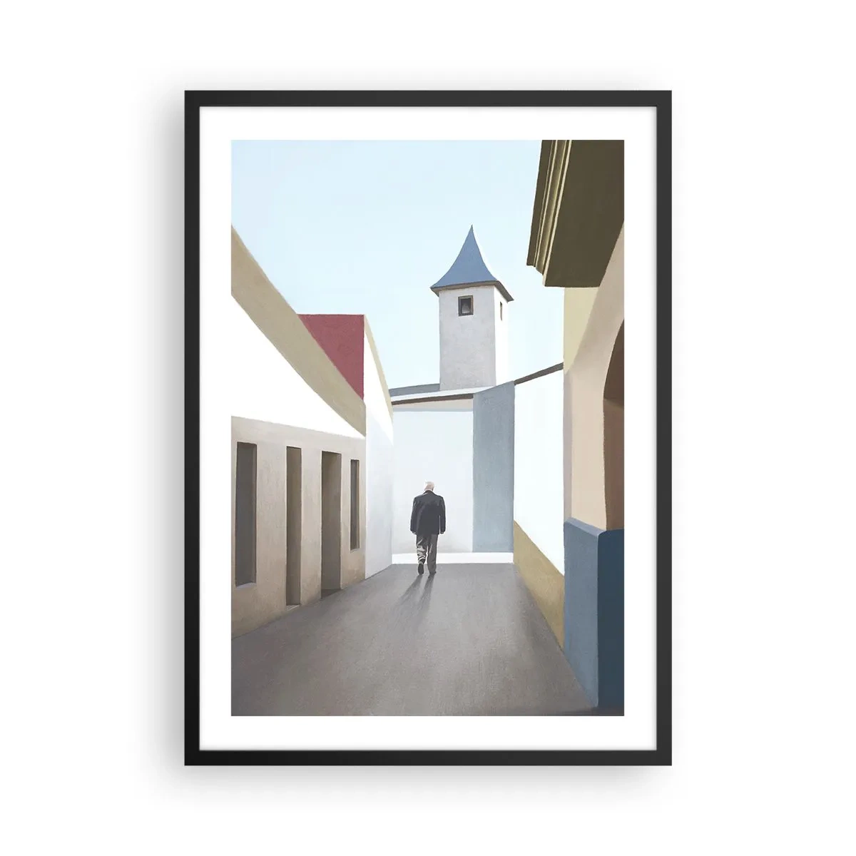 Affisch i svart ram - En minimalistisk gata med en ensam förbipasserande - 50x70cm - Solig promenad - Modern väggdekoration för vardagsrum och sovrum ARTTOR