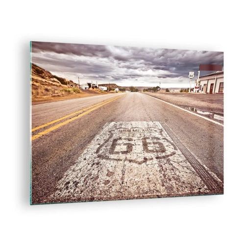 Glastavla - Bild på glas - Route 66 med utsikt mot horisonten - 70x50cm - Mother Road - amerikanska legenden - Modern väggdekoration för vardagsrum och sovrum ARTTOR