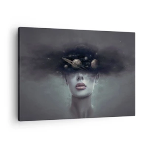 Canvastavla - Bild på duk - Ett kvinnans ansikte med ett planet- och rymdmotiv i bakgrunden - 70x50cm - Och planeterna blir galna... - Modern väggdekoration för vardagsrum och sovrum ARTTOR