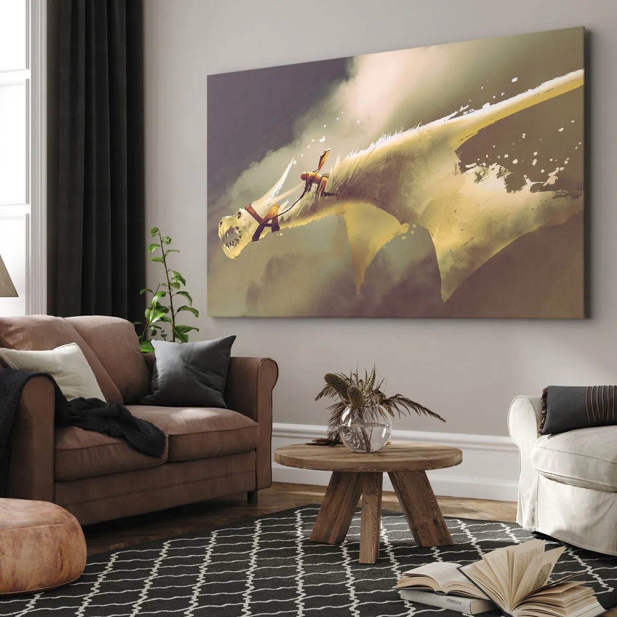 Canvastavla - Bild på duk - Illustration av en drakryttare i ett fantasimolnlandskap - 70x50cm - Rädda världen - Modern väggdekoration för vardagsrum och sovrum ARTTOR