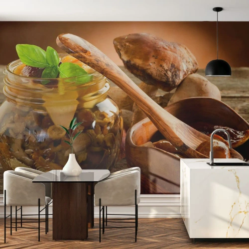 Fototapet Premium Canvas - Färsk, eller saltad, eller höstplockad... - Gastronomi, Svampar, Kök - 500x350 cm