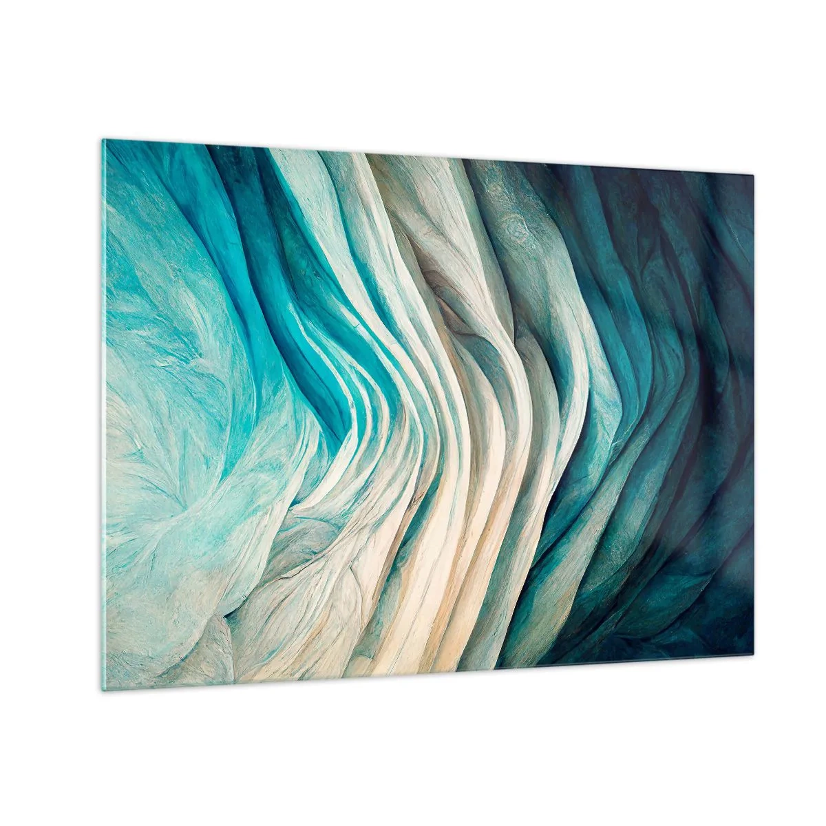 Glastavla - Bild på glas - Abstrakta vågor i nyanser av blått och beige - 70x50cm - Blå omättlighet - Modern väggdekoration för vardagsrum och sovrum ARTTOR