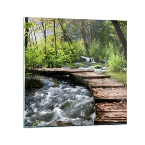 Glastavla - Bild på glas - Över skummande kaskad - 40x40 cm