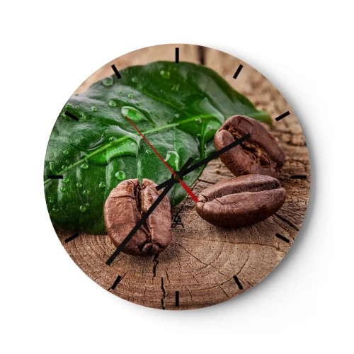 Väggklocka - Klocka på glas - Kaffebönor och grönt blad på en träbakgrund - 30x30cm - Äkta och svart - Modern väggdekoration för vardagsrum, kök och sovrum ARTTOR