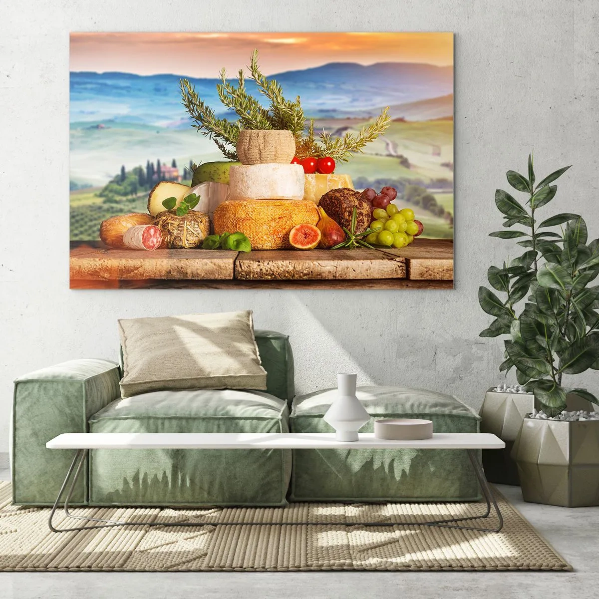 Glastavla - Bild på glas - En komposition av ostar och frukter mot bakgrund av det toskanska landskapet - 70x50cm - Italiensk livsglädje - Modern väggdekoration för vardagsrum och sovrum ARTTOR