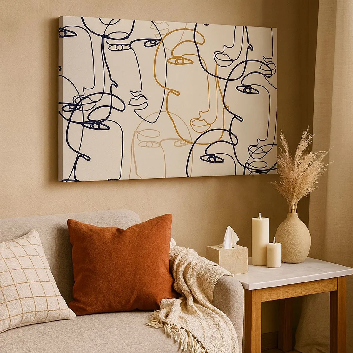 Canvastavla - Bild på duk - Minimalistiska linjekonst ansikten mot en ljus bakgrund - 70x50cm - Mångfaldigad porträtt - Modern väggdekoration för vardagsrum och sovrum ARTTOR