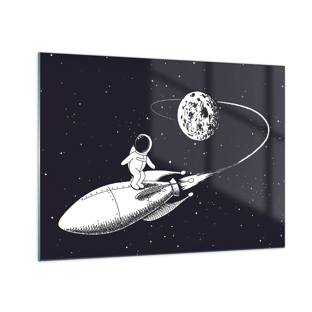 Glastavla - Bild på glas - Tecknad astronaut som surfar i rymden på en raket - 70x50cm - Rymdsurfare - Modern väggdekoration för vardagsrum och sovrum ARTTOR