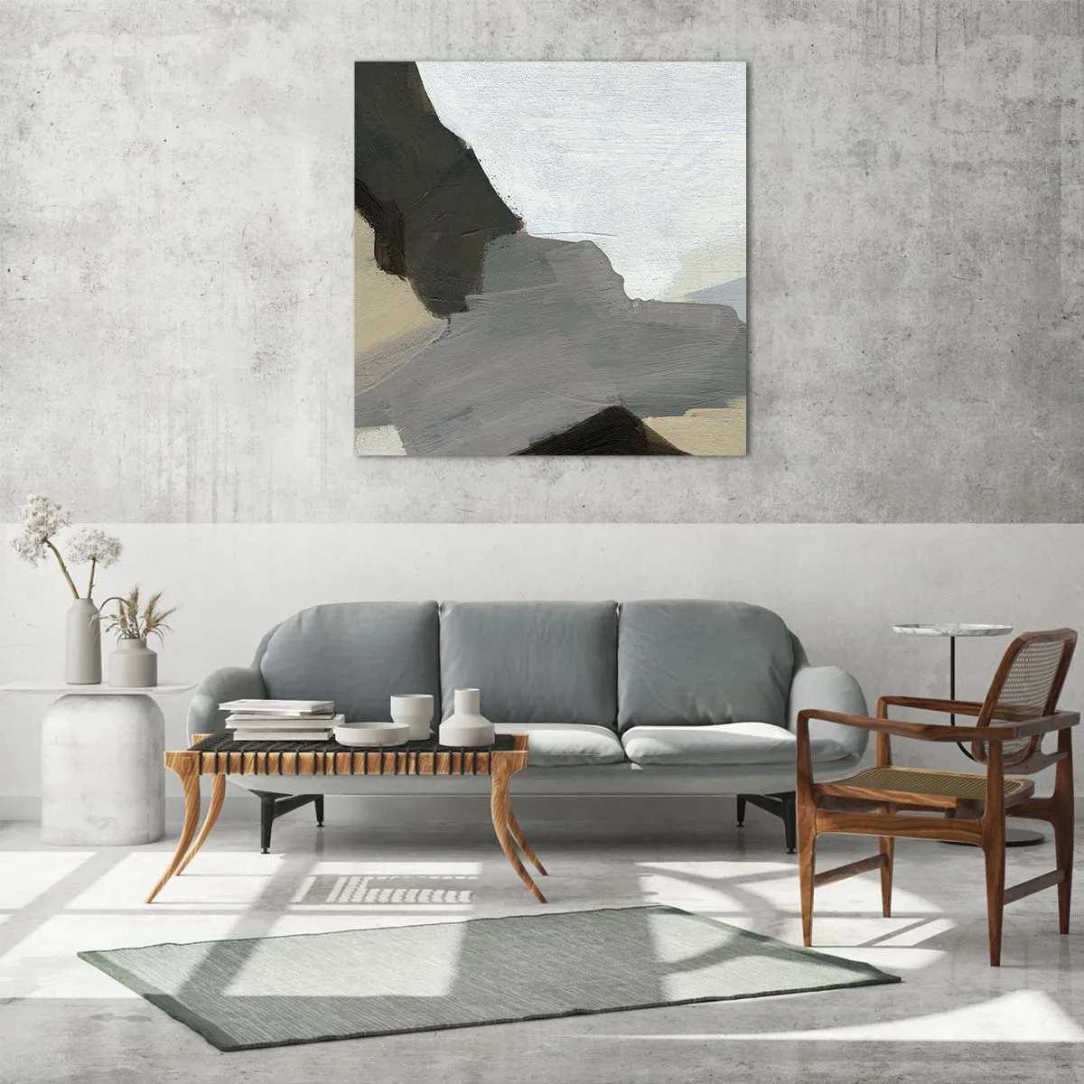 Glastavla - Bild på glas - Abstraktion: avgrening av det gråa - 70x70 cm