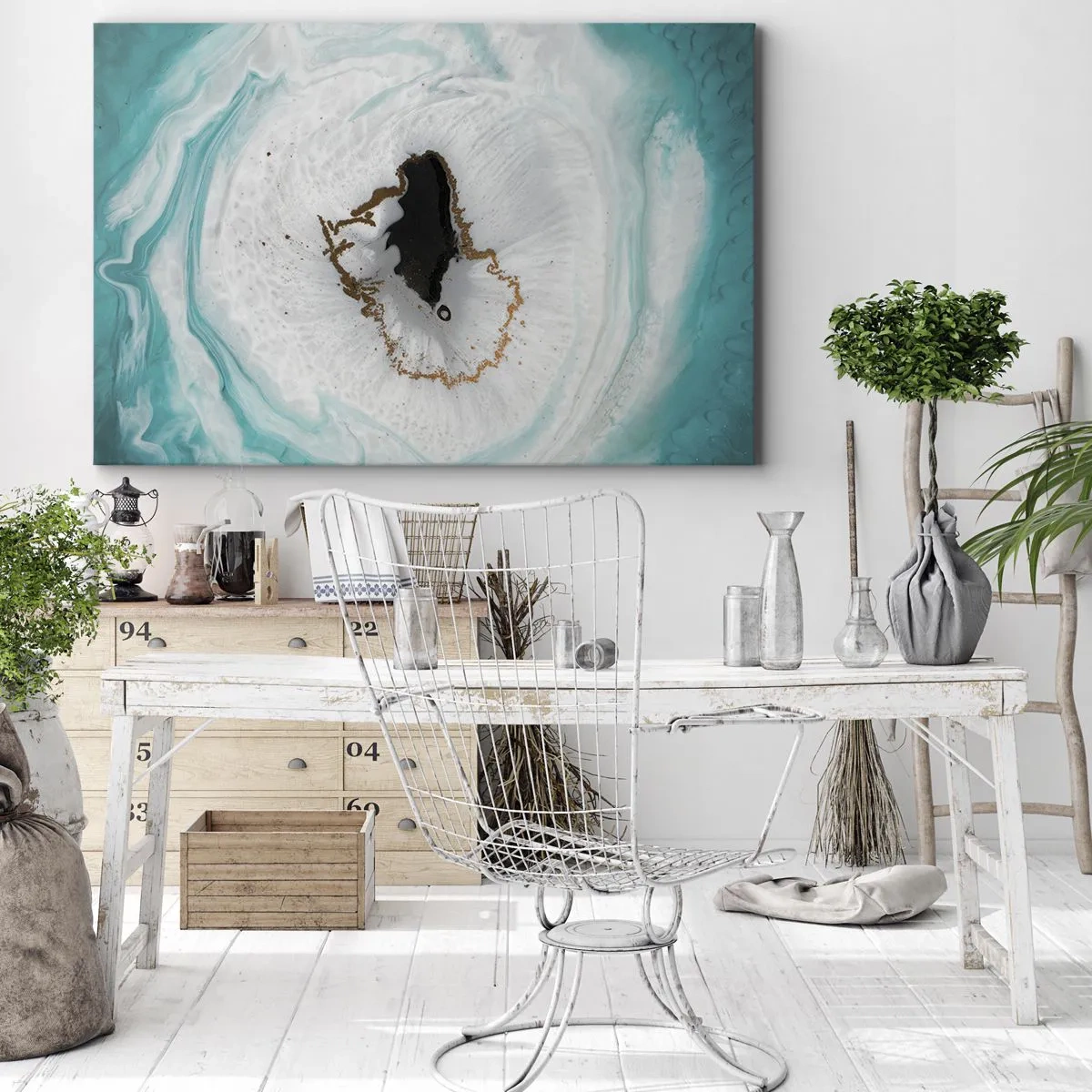 Canvastavla - Bild på duk - Abstrakt geodemotiv i nyanser av turkos, vitt och guld - 70x50cm - Att tränga in - Modern väggdekoration för vardagsrum och sovrum ARTTOR