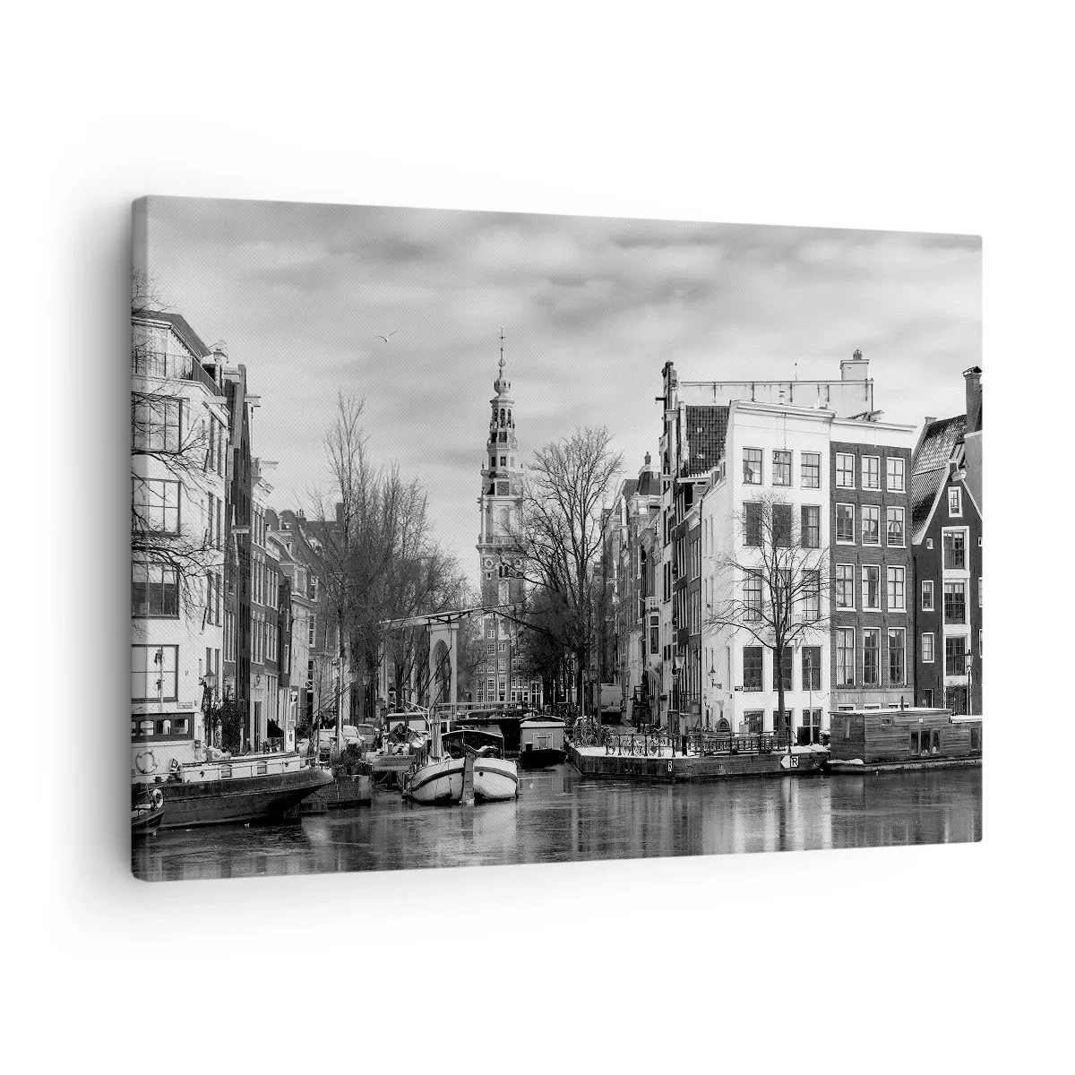 Canvastavla - Bild på duk - Svartvitt panorama över Amsterdam med kanalen och historiska byggnader - 70x50cm - Amsterdam stämning - Modern väggdekoration för vardagsrum och sovrum ARTTOR