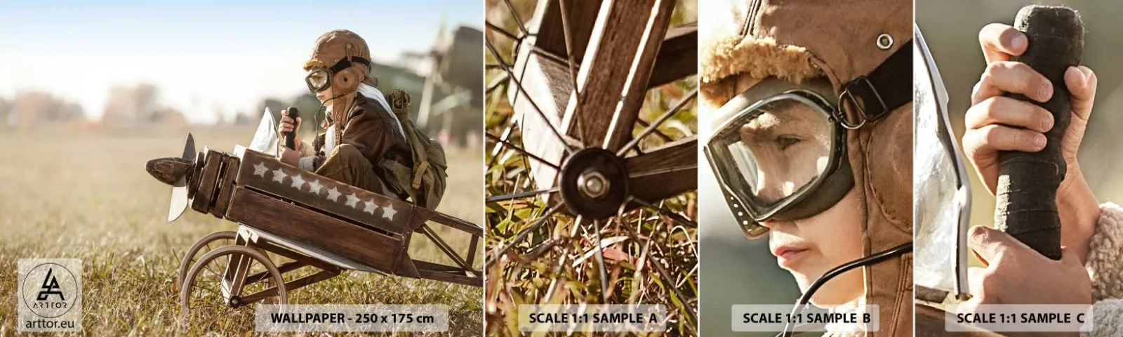 Provbit av självhäftande fototapet Deluxe Sticker - Stort mot drömmarna - Pojke, Plan, Årgång - 100x30 cm