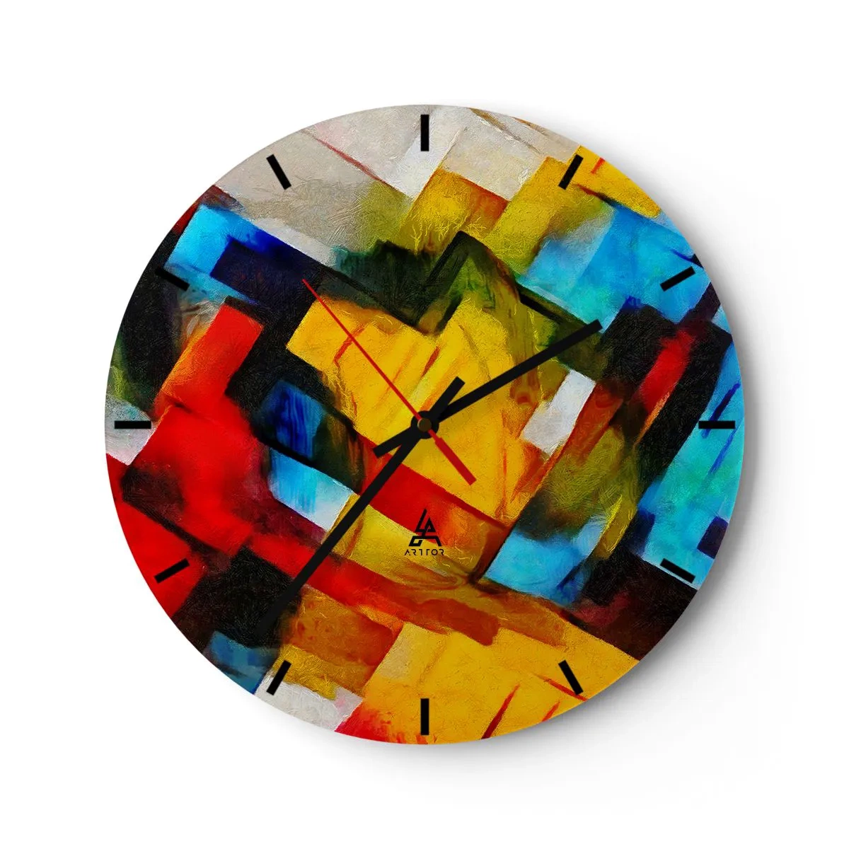 Väggklocka - Klocka på glas - Färgglad abstraktion med geometriska former - 30x30cm - Färgmix - Modern väggdekoration för vardagsrum, kök och sovrum ARTTOR
