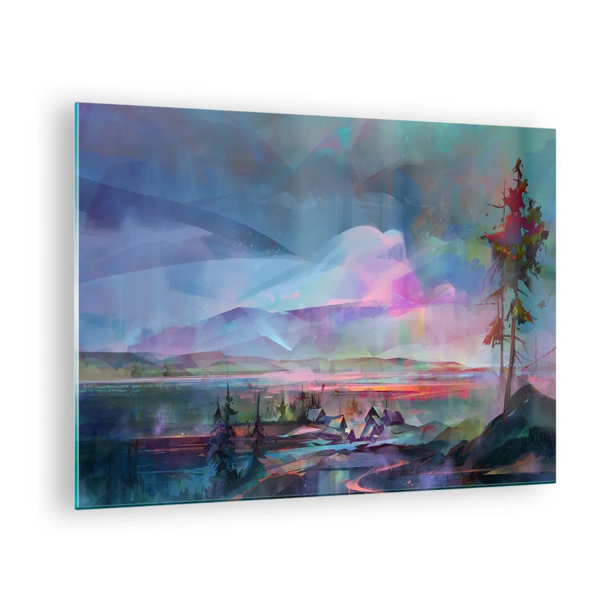 Glastavla - Bild på glas - Ett färgstarkt landskap med berg och stugor i surrealistisk stil. - 70x50cm - Under en vänlig himmel - Modern väggdekoration för vardagsrum och sovrum ARTTOR