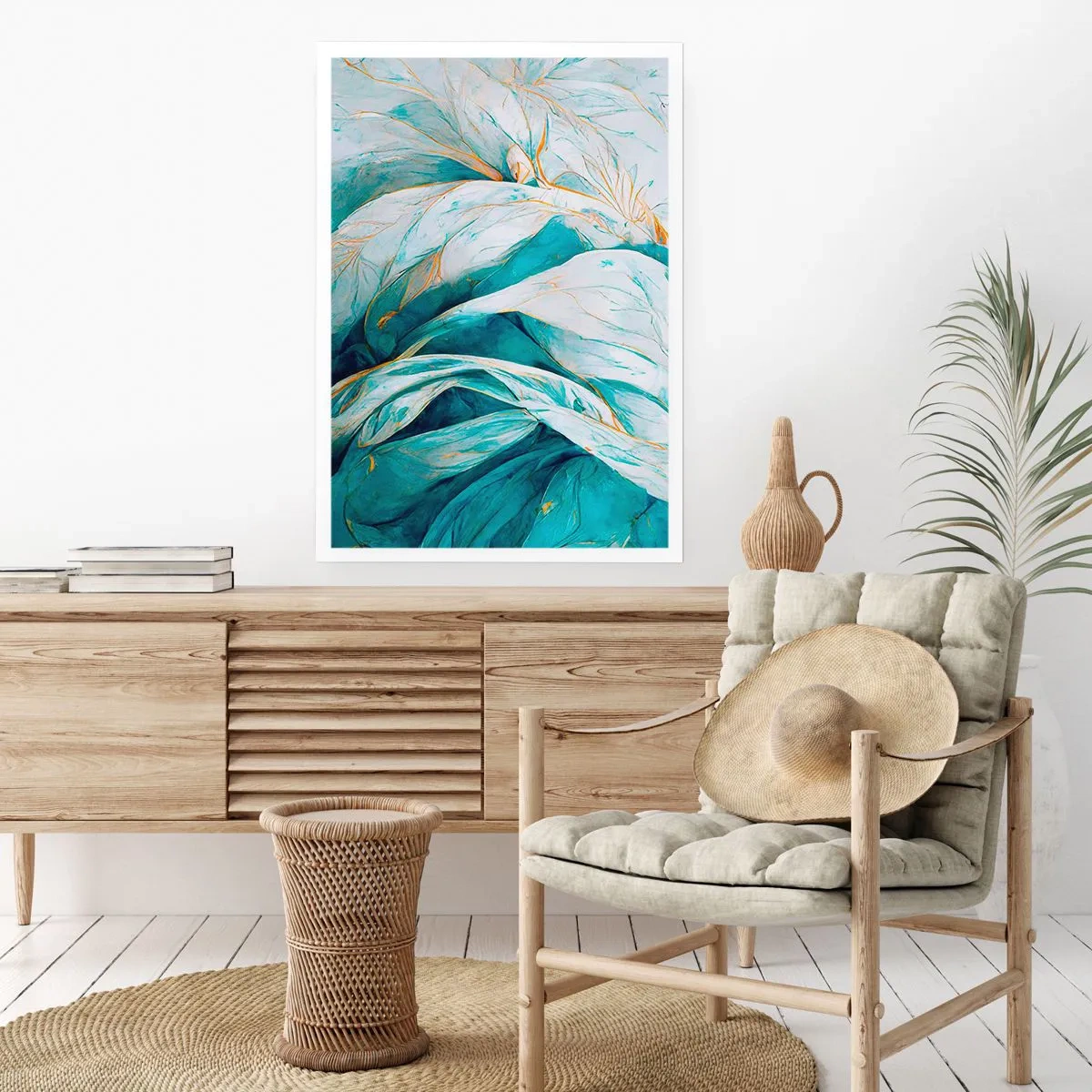 Affisch - Blå abstraktion med guldmotiv - 70x100 cm