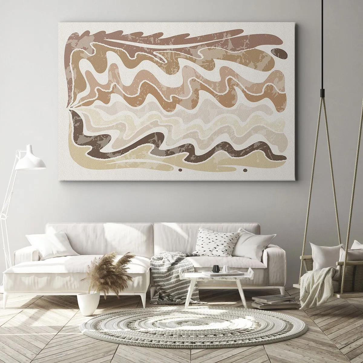 Canvastavla - Bild på duk - Vågiga abstrakta linjer i beige nyanser - 70x50cm - Bra energi - bra känslor - Modern väggdekoration för vardagsrum och sovrum ARTTOR