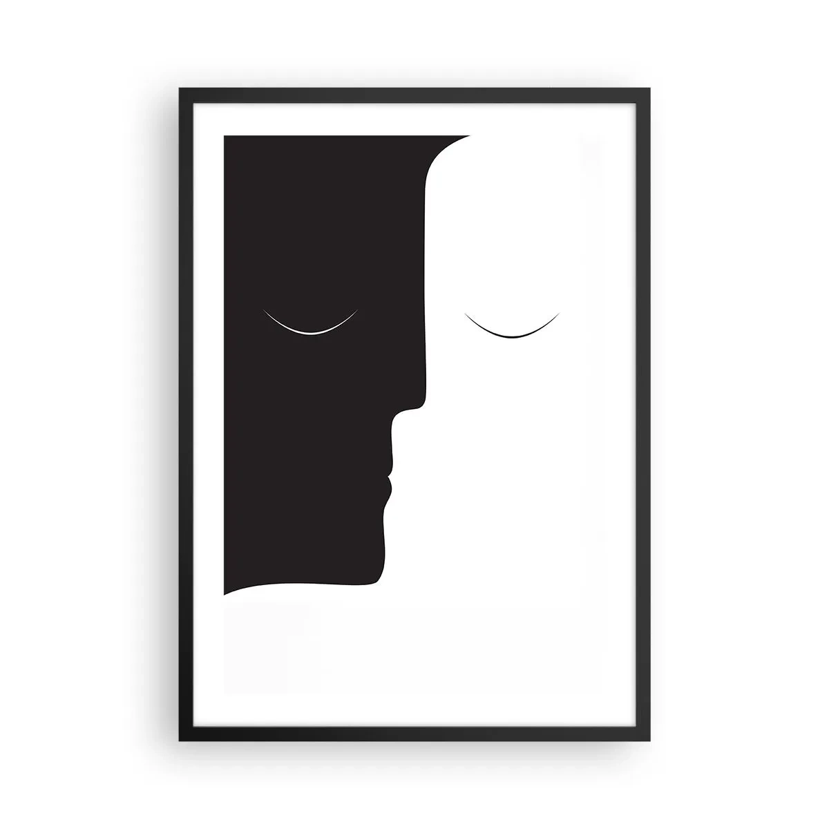 Affisch i svart ram - En minimalistisk grafik med två ansikten i svartvitt som skapar en enhet. - 50x70cm - Motsatsernas enhet - Modern väggdekoration för vardagsrum och sovrum ARTTOR
