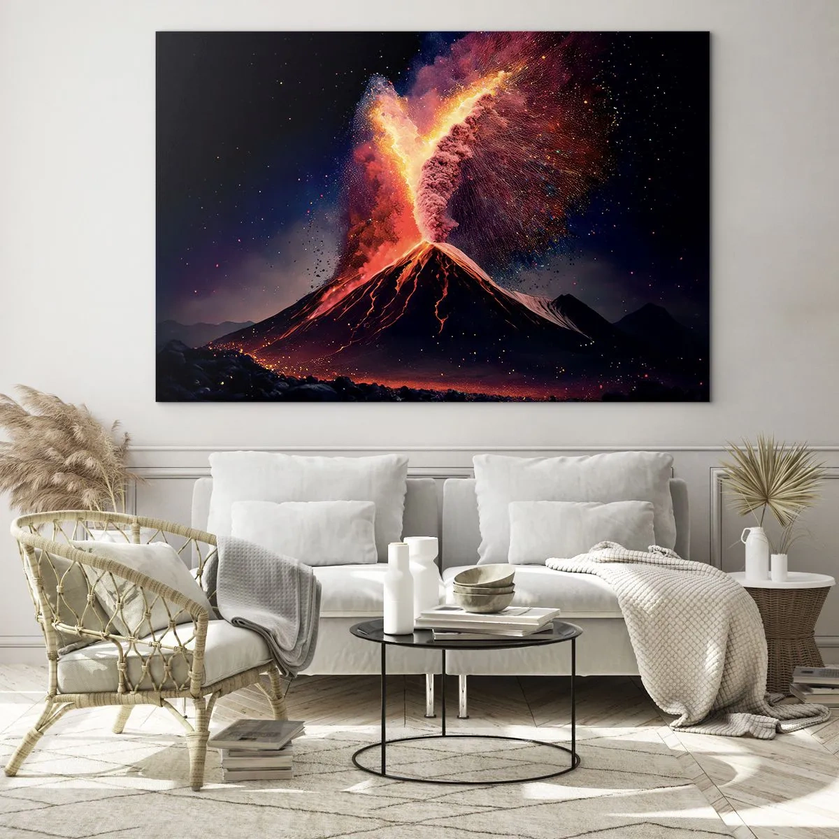 Glastavla - Bild på glas - En vulkan i utbrott med lava och ett färgglatt dammmoln - 70x50cm - Skönhet och skräck - Modern väggdekoration för vardagsrum och sovrum ARTTOR