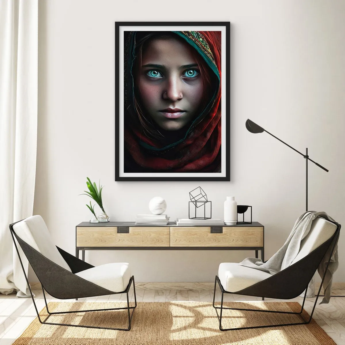 Affisch i svart ram - Porträtt av en flicka i en röd sjal med hypnotiserande ögon - 50x70cm - Östlig prinsessa - Modern väggdekoration för vardagsrum och sovrum ARTTOR
