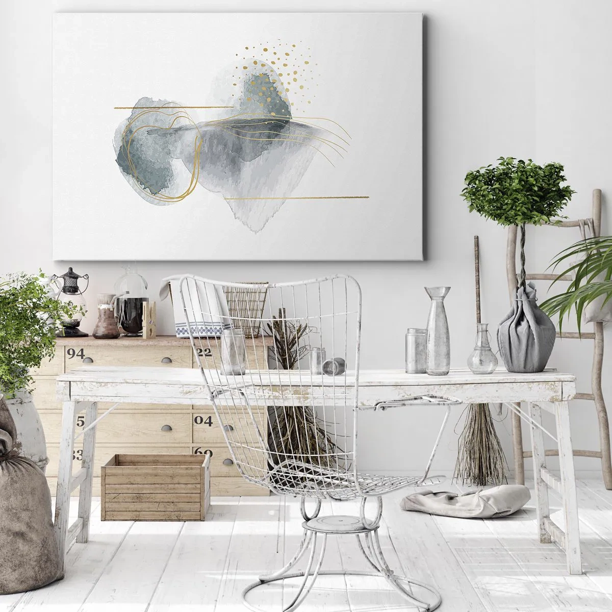 Canvastavla - Bild på duk - En abstrakt komposition i nyanser av turkos och guld. - 70x50cm - Om gråhetens och guldets förhållanden - Modern väggdekoration för vardagsrum och sovrum ARTTOR