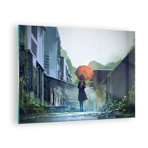 Glastavla - Bild på glas - En figur med ett orange paraply på en regnig gata - 70x50cm - Uppfriskande regn - Modern väggdekoration för vardagsrum och sovrum ARTTOR