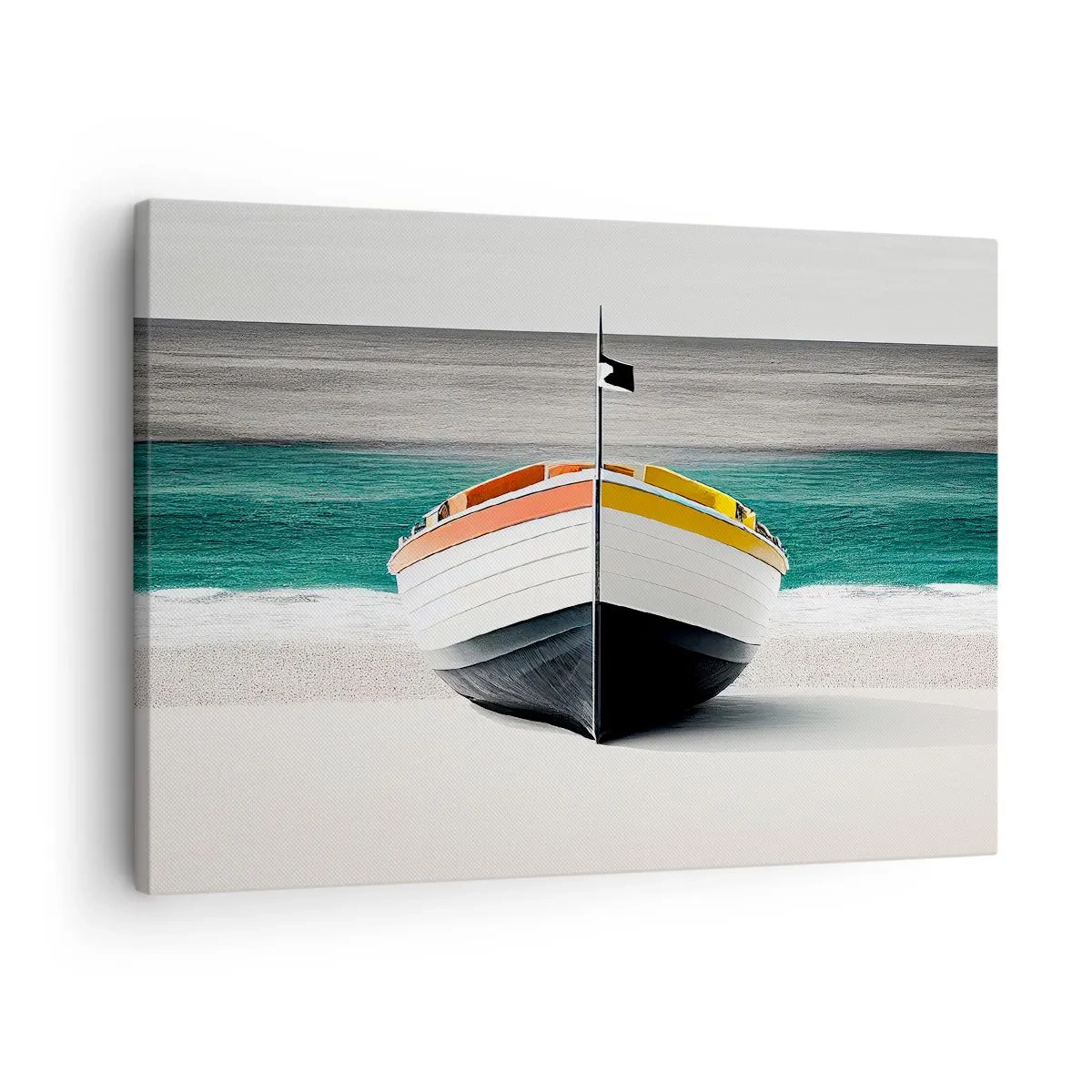 Canvastavla - Bild på duk - En båt på stranden med ett turkost hav i bakgrunden - 70x50cm - På sin plats - Modern väggdekoration för vardagsrum och sovrum ARTTOR