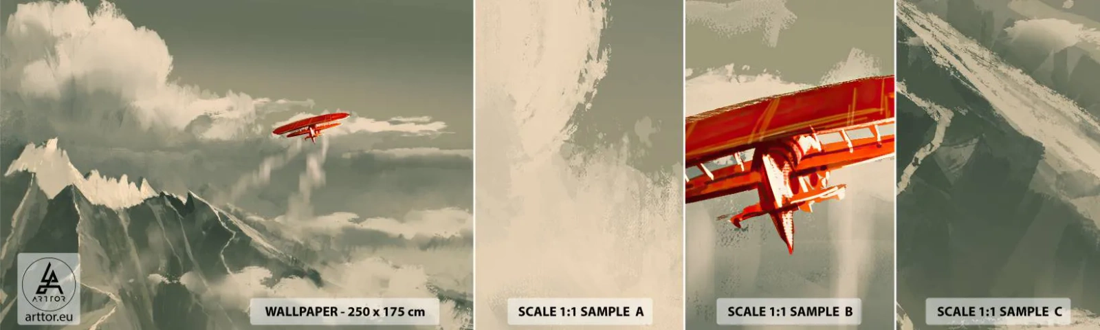 Provbit av självhäftande fototapet Deluxe Sticker - Orädd pionjär - Abstraktion, Plan, Bergslandskap - 100x30 cm