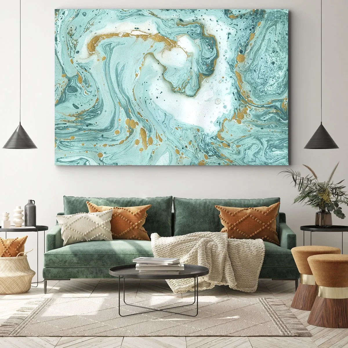 Canvastavla - Bild på duk - Turkos marmor med gulddetaljer i en abstrakt komposition - 70x50cm - Under stora vågen från Edo-tiden - Modern väggdekoration för vardagsrum och sovrum ARTTOR