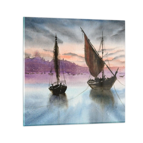 Glastavla - Bild på glas - Kväll i hamnen - 60x60 cm