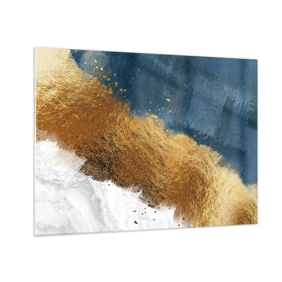 Glastavla - Bild på glas - Guldfärgade penseldrag på en marinblå och vit bakgrund - 70x50cm - Sommarens färger - Modern väggdekoration för vardagsrum och sovrum ARTTOR