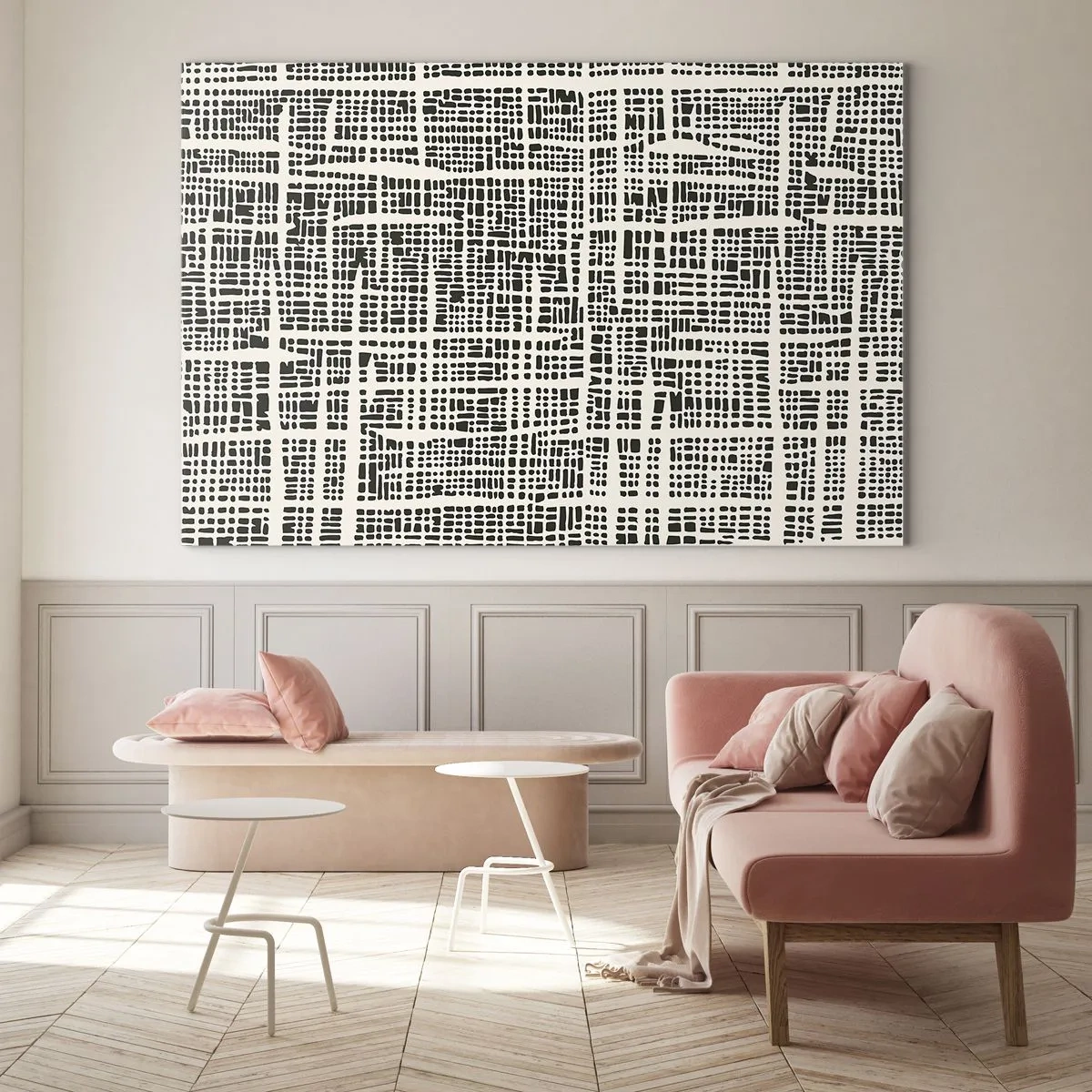 Glastavla - Bild på glas - En svartvit abstraktion som liknar ett rutnät av prickar. - 70x50cm - Vävd komposition - Modern väggdekoration för vardagsrum och sovrum ARTTOR