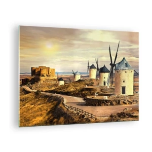 Glastavla - Bild på glas - Väderkvarnar och ett slott i landskapet vid solnedgången - 70x50cm - Don Quixote kommer snart - Modern väggdekoration för vardagsrum och sovrum ARTTOR