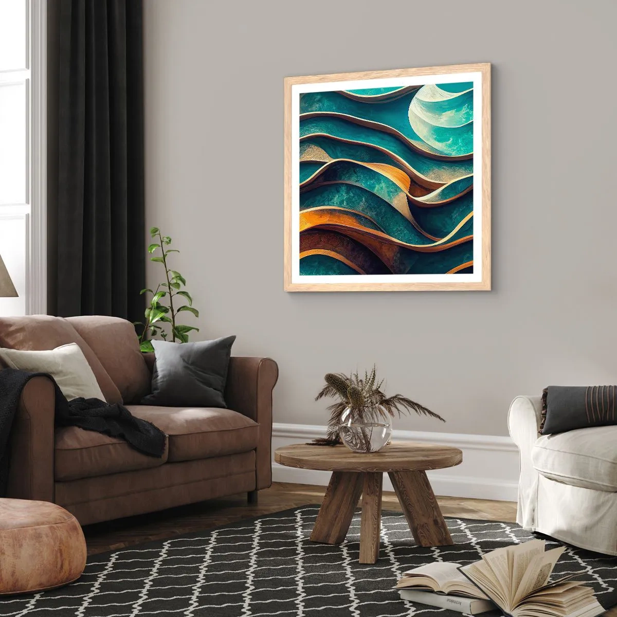 Affisch i ram av ljusek - Meandrar av blått - 60x60 cm