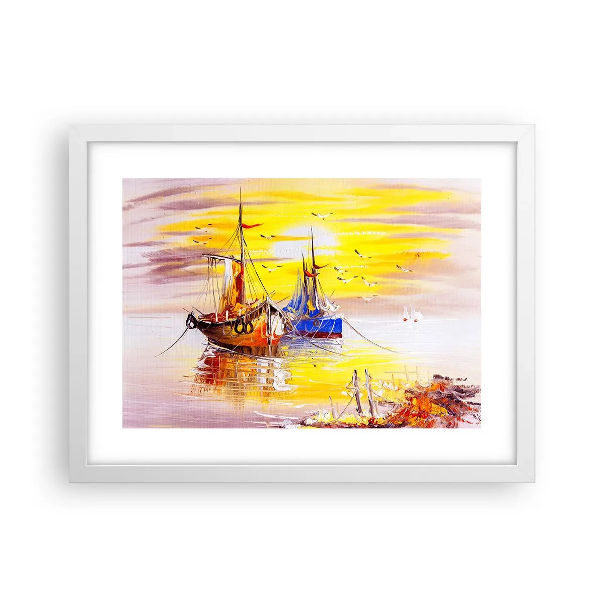 Affisch i vit ram - Välförtjänt vila i hamnen - 40x30 cm