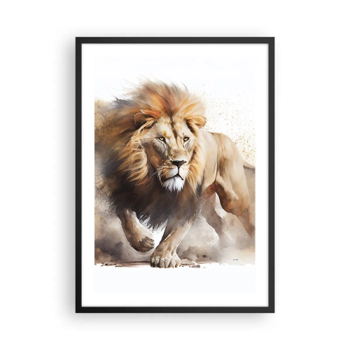 Affisch i svart ram - Ett ståtligt lejon i rörelse i målerisk stil - 50x70cm - Kungen har gett sig av - Modern väggdekoration för vardagsrum och sovrum ARTTOR