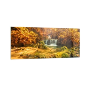 Glastavla - Bild på glas - Skogkaskad i gult - 100x40 cm