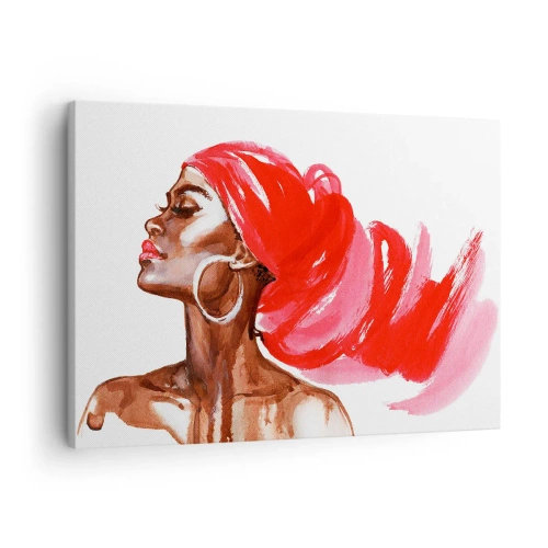 Canvastavla - Bild på duk - Profil av en kvinna med röd turban och örhängen - 70x50cm - ”Vind som vidgar mannens näsborrar” - Modern väggdekoration för vardagsrum och sovrum ARTTOR