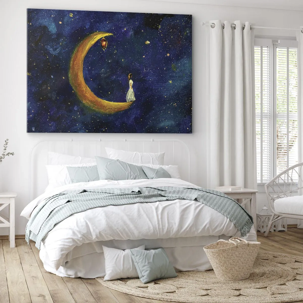Canvastavla - Bild på duk - En flicka som står på månen i en stjärnklar himmel - 70x50cm - Världens skrik - Modern väggdekoration för vardagsrum och sovrum ARTTOR