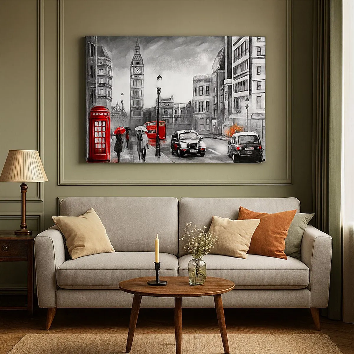 Canvastavla - Bild på duk - En Londonscen i svartvitt med röda accenter - 70x50cm - Inte alls en grå stad - Modern väggdekoration för vardagsrum och sovrum ARTTOR